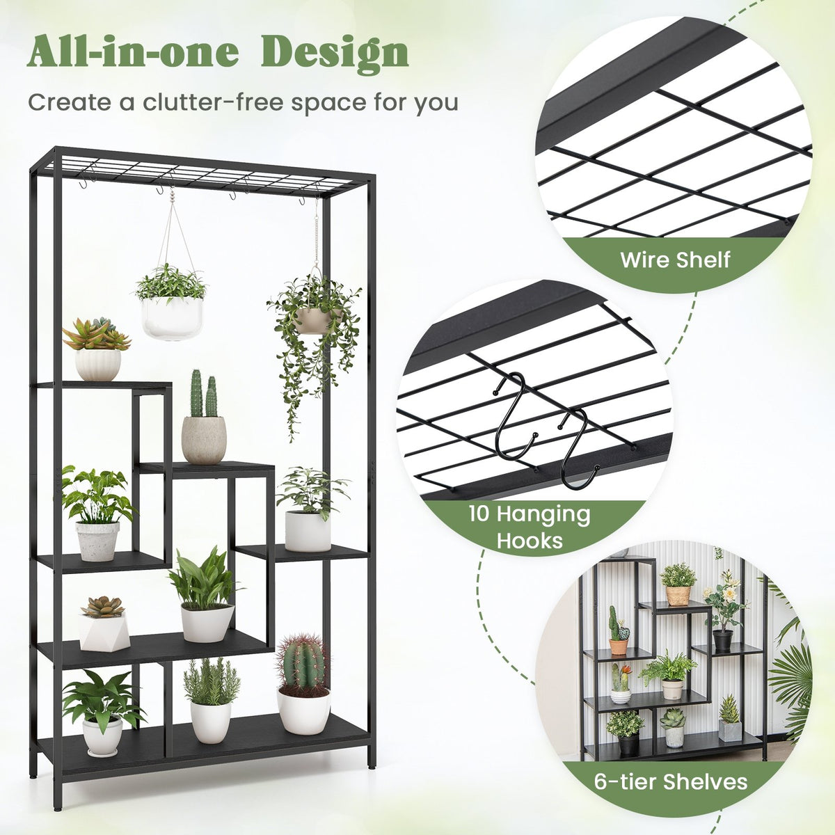 6-Tier Tall Plant Stand 71 Inch Metal Indoor Plant Shelf with 10 Hanging Hooks-Black view 7
