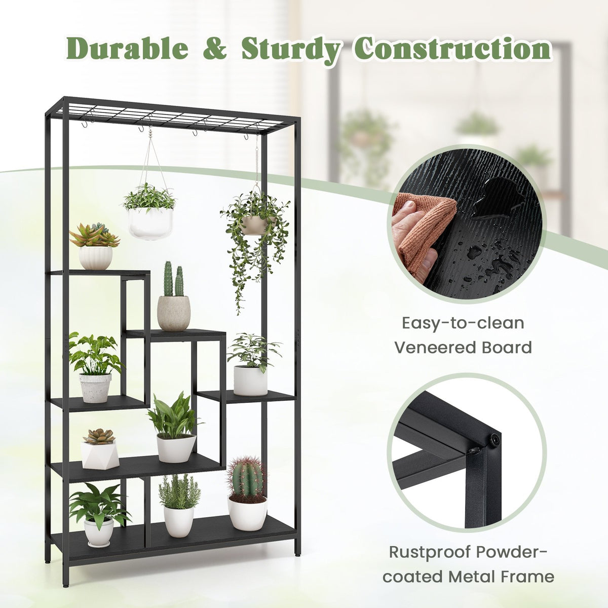 6-Tier Tall Plant Stand 71 Inch Metal Indoor Plant Shelf with 10 Hanging Hooks-Black view 8