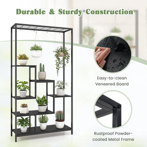 6-Tier Tall Plant Stand 71 Inch Metal Indoor Plant Shelf with 10 Hanging Hooks-Black view 8