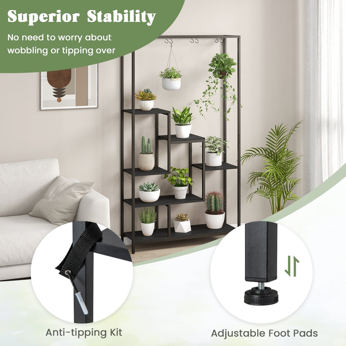 6-Tier Tall Plant Stand 71 Inch Metal Indoor Plant Shelf with 10 Hanging Hooks-Black view 9
