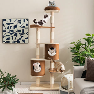 6-Tier Wooden Cat Tree with 2 Removeable Condos Platforms and Perch-Brown view 2