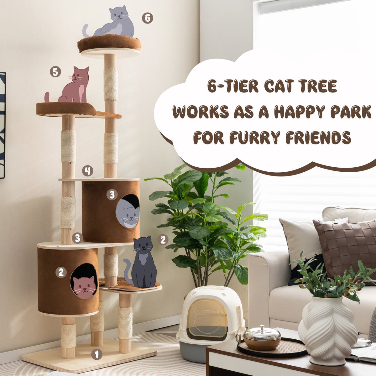6-Tier Wooden Cat Tree with 2 Removeable Condos Platforms and Perch-Brown view 5