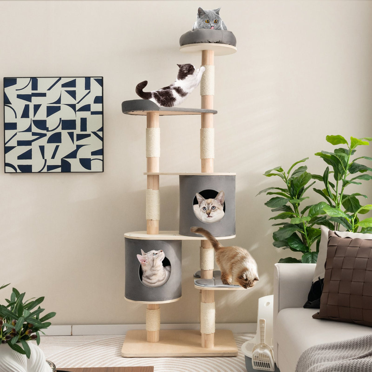 6-Tier Wooden Cat Tree with 2 Removeable Condos Platforms and Perch-Gray view 2