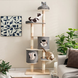 6-Tier Wooden Cat Tree with 2 Removeable Condos Platforms and Perch-Gray view 2