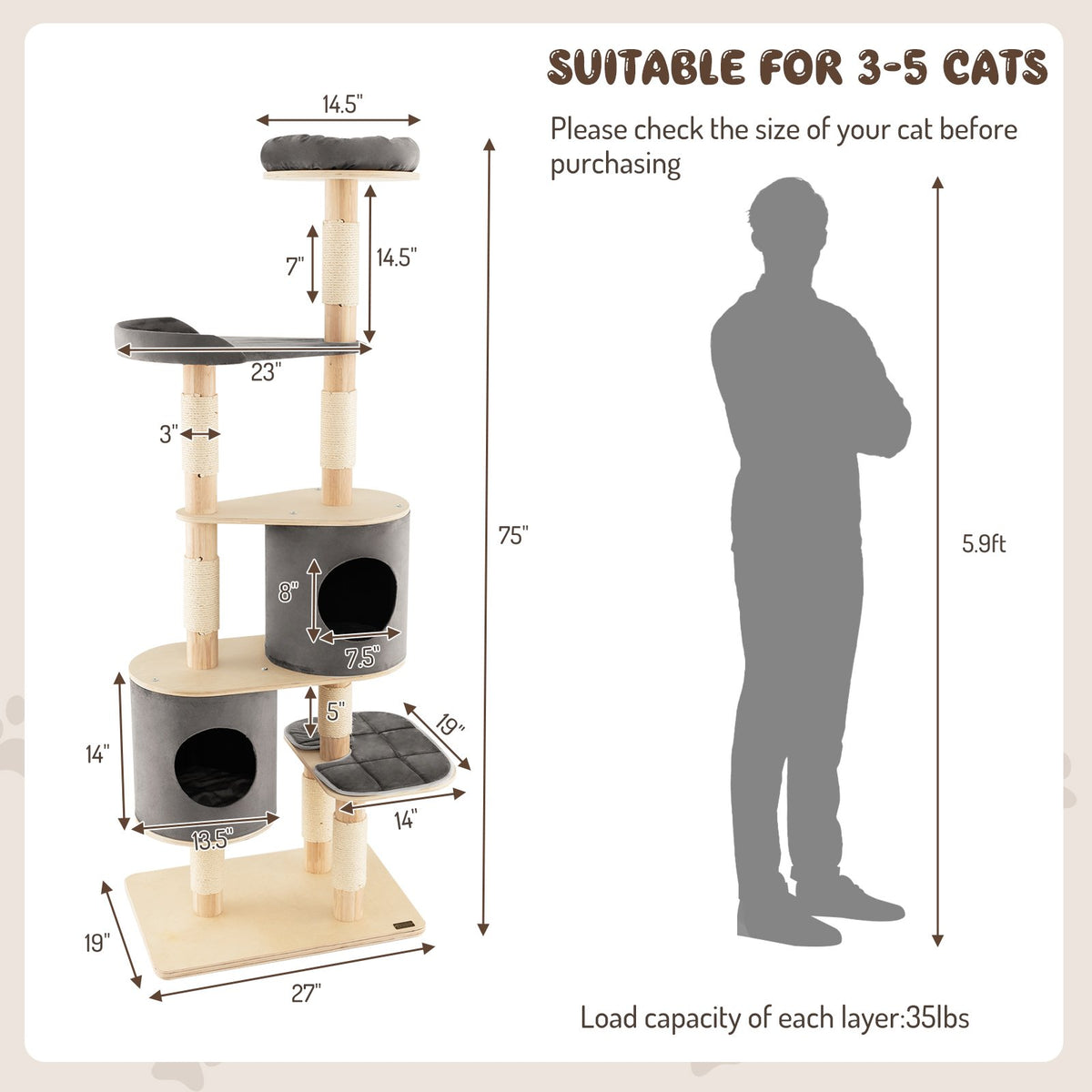 6-Tier Wooden Cat Tree with 2 Removeable Condos Platforms and Perch-Gray view 4