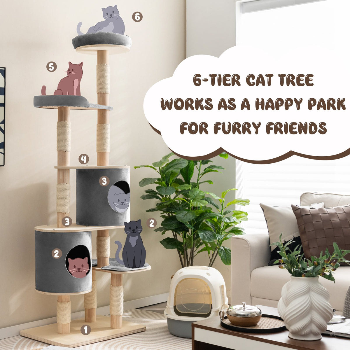 6-Tier Wooden Cat Tree with 2 Removeable Condos Platforms and Perch-Gray view 5