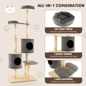 6-Tier Wooden Cat Tree with 2 Removeable Condos Platforms and Perch-Gray view 6