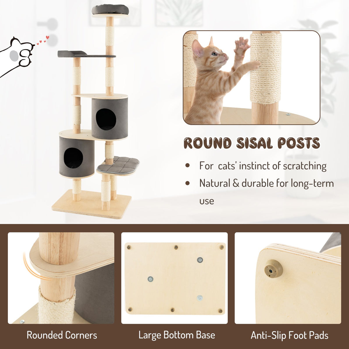 6-Tier Wooden Cat Tree with 2 Removeable Condos Platforms and Perch-Gray view 8