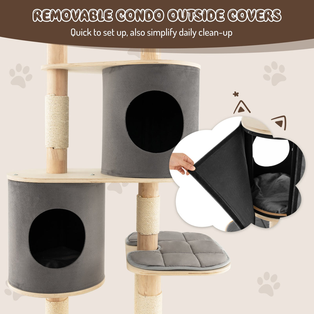 6-Tier Wooden Cat Tree with 2 Removeable Condos Platforms and Perch-Gray view 9