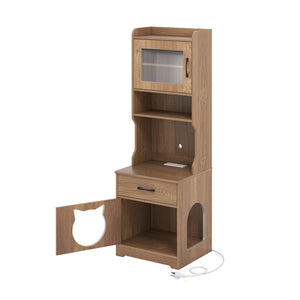 60 inches Cat Litter Box Enclosure with Adjustable LED Light & Storage Shelves and Charging Station-Natural