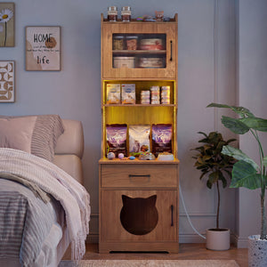 60 inches Cat Litter Box Enclosure with Adjustable LED Light & Storage Shelves and Charging Station-Natural view 3