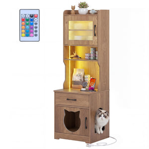60 inches Cat Litter Box Enclosure with Adjustable LED Light & Storage Shelves and Charging Station-Natural view 4