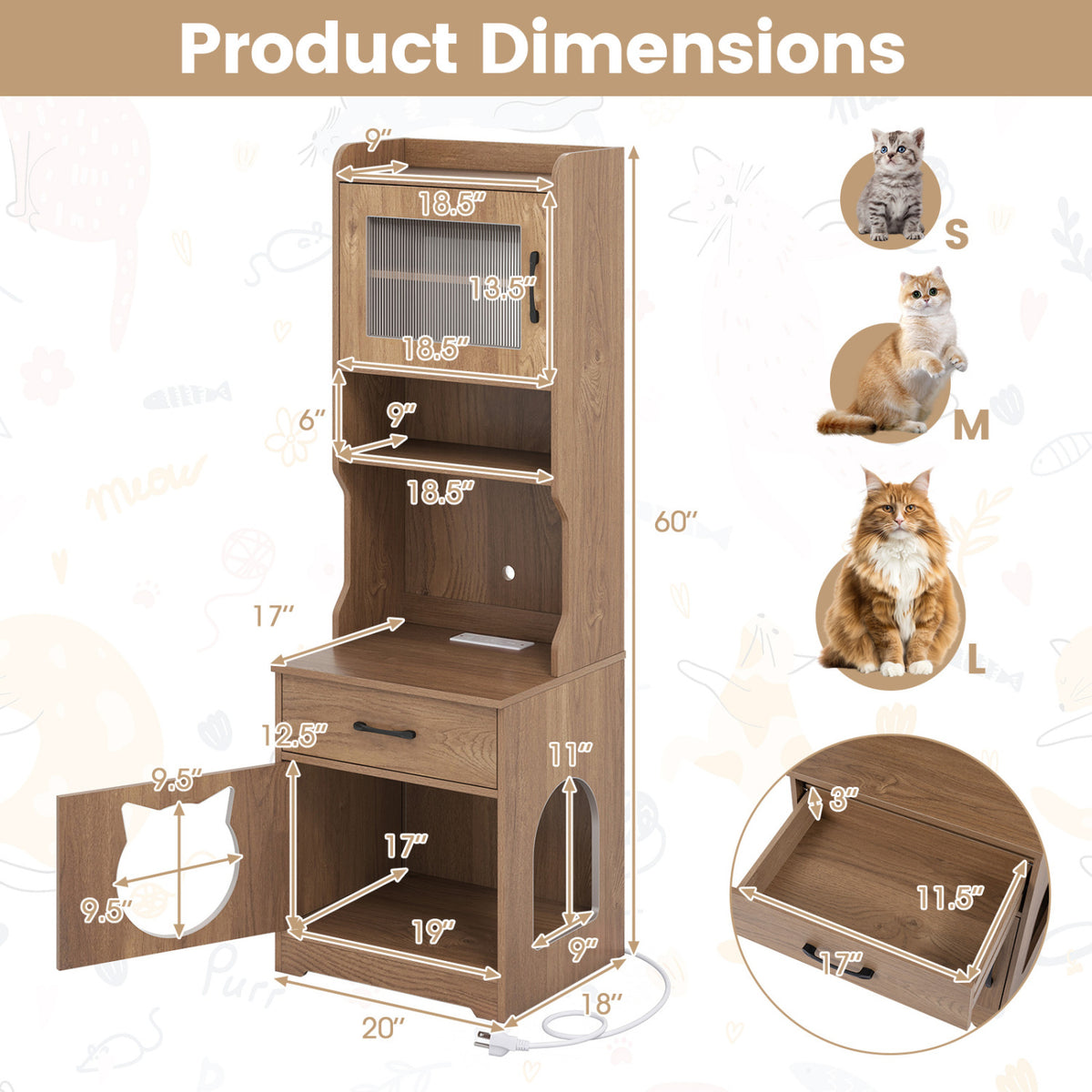 60 inches Cat Litter Box Enclosure with Adjustable LED Light & Storage Shelves and Charging Station-Natural view 5