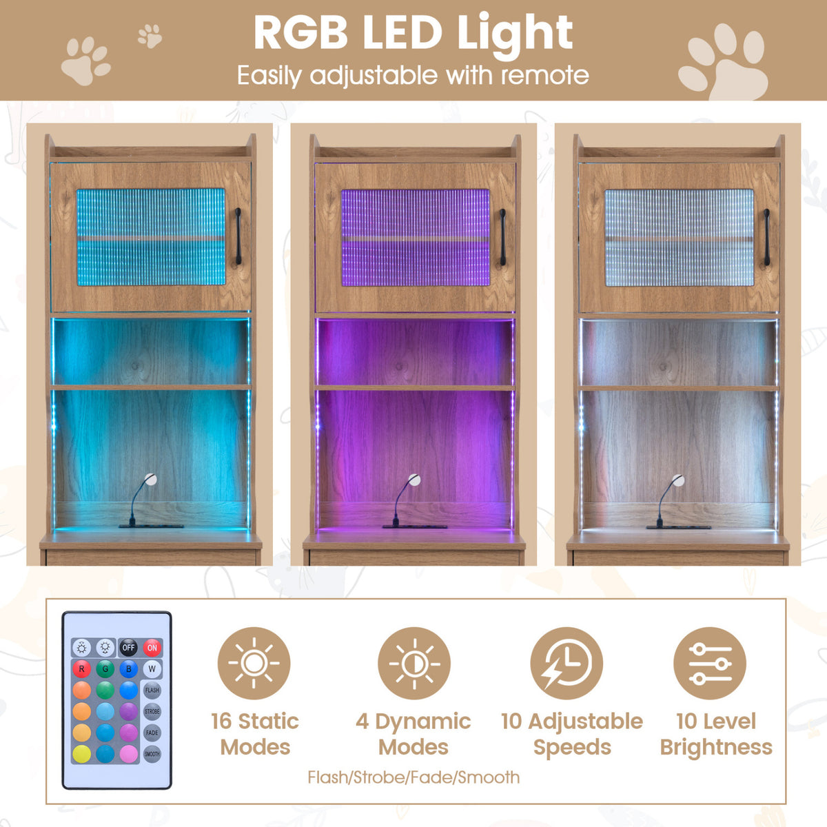 60 inches Cat Litter Box Enclosure with Adjustable LED Light & Storage Shelves and Charging Station-Natural view 9