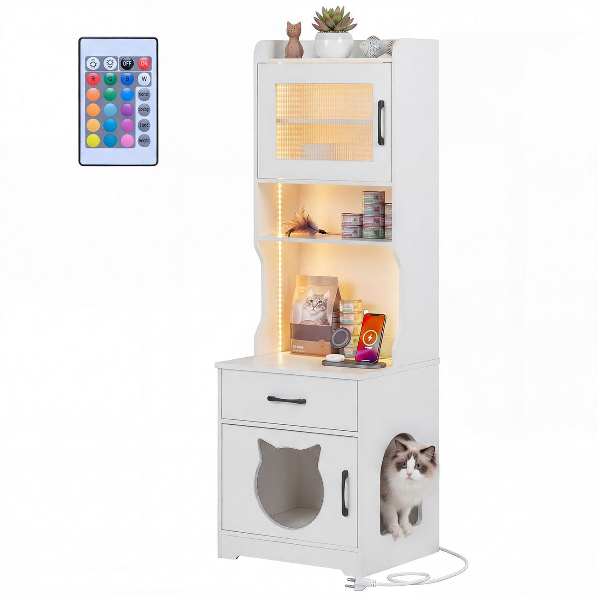 60 inches Cat Litter Box Enclosure with Adjustable LED Light & Storage Shelves and Charging Station-White