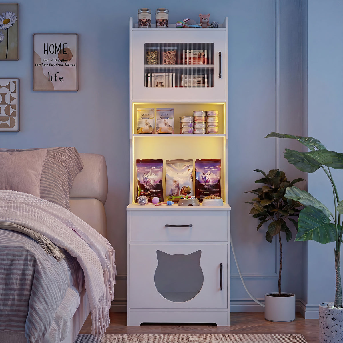 60 inches Cat Litter Box Enclosure with Adjustable LED Light & Storage Shelves and Charging Station-White view 3