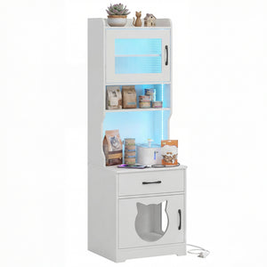 60 inches Cat Litter Box Enclosure with Adjustable LED Light & Storage Shelves and Charging Station-White view 4