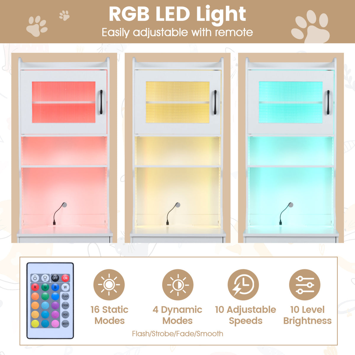 60 inches Cat Litter Box Enclosure with Adjustable LED Light & Storage Shelves and Charging Station-White view 6