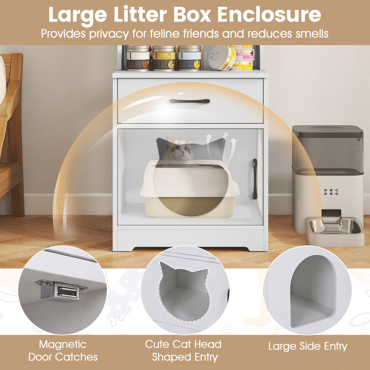 60 inches Cat Litter Box Enclosure with Adjustable LED Light & Storage Shelves and Charging Station-White view 8