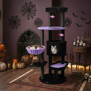 60 inches Gothic Cat Tower with Plush Perch and Spider Hanging Toys for Black Halloween-Purple view 2