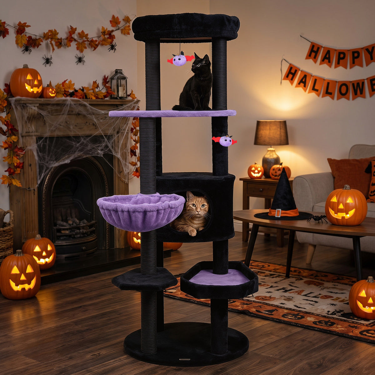 60 inches Gothic Cat Tower with Plush Perch and Spider Hanging Toys for Black Halloween-Purple view 3