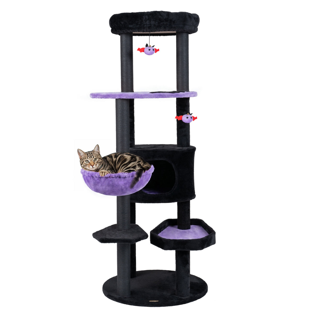 60 inches Gothic Cat Tower with Plush Perch and Spider Hanging Toys for Black Halloween-Purple view 4