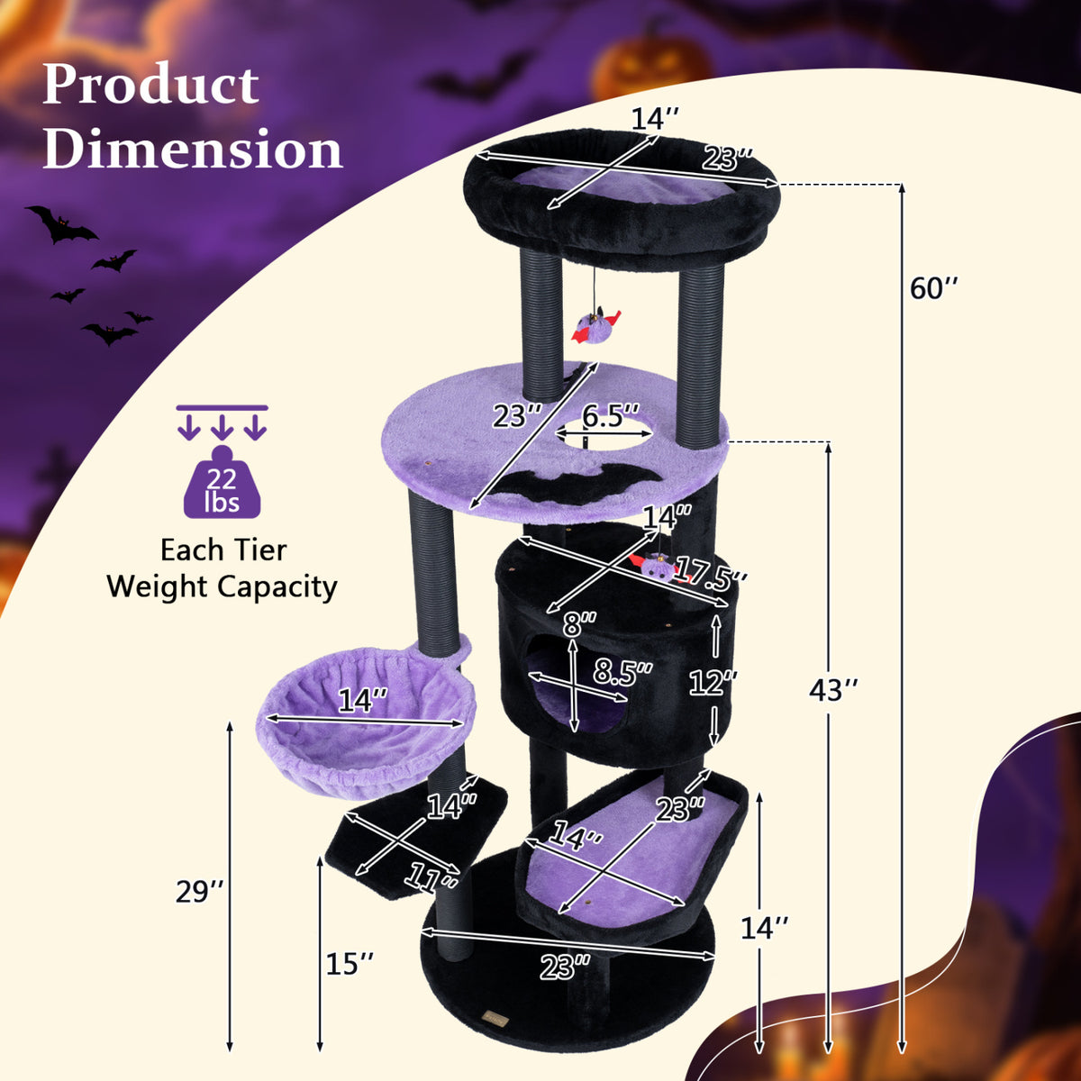 60 inches Gothic Cat Tower with Plush Perch and Spider Hanging Toys for Black Halloween-Purple view 5
