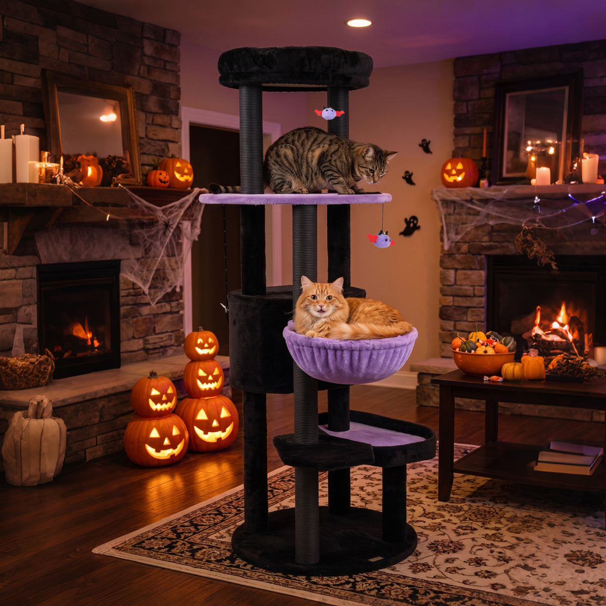 60 inches Gothic Cat Tower with Plush Perch and Spider Hanging Toys for Black Halloween-Purple view 6