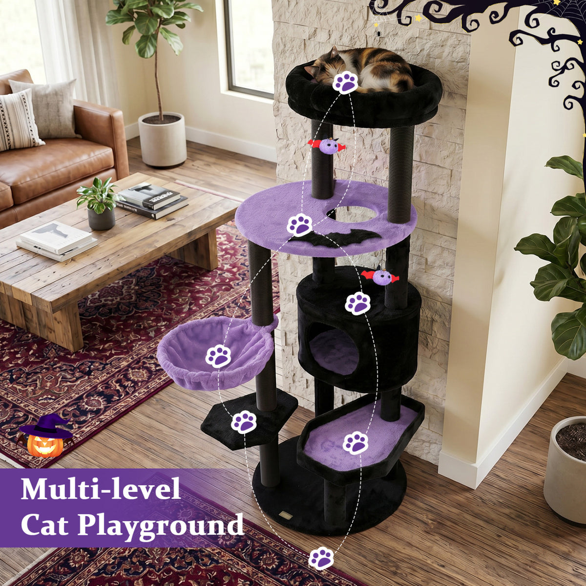 60 inches Gothic Cat Tower with Plush Perch and Spider Hanging Toys for Black Halloween-Purple view 7