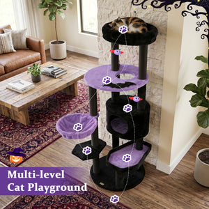 60 inches Gothic Cat Tower with Plush Perch and Spider Hanging Toys for Black Halloween-Purple view 7