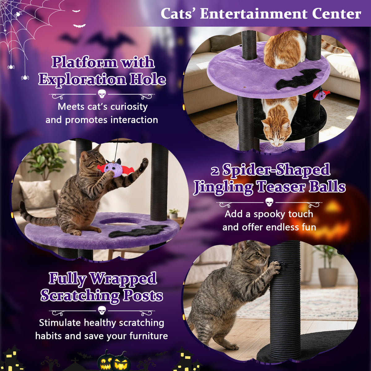60 inches Gothic Cat Tower with Plush Perch and Spider Hanging Toys for Black Halloween-Purple view 8