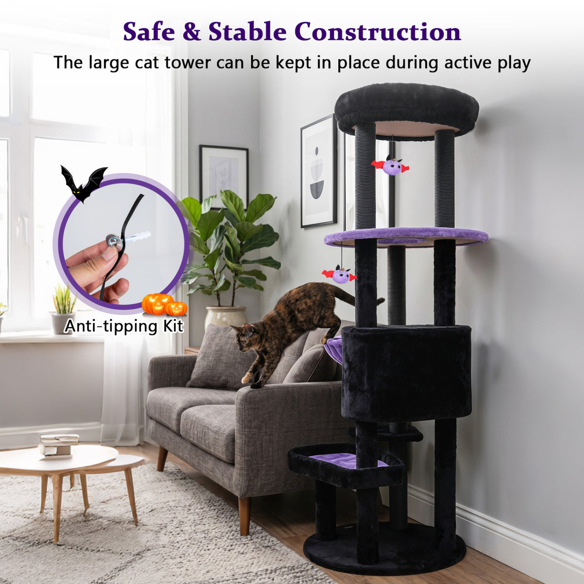 60 inches Gothic Cat Tower with Plush Perch and Spider Hanging Toys for Black Halloween-Purple view 9