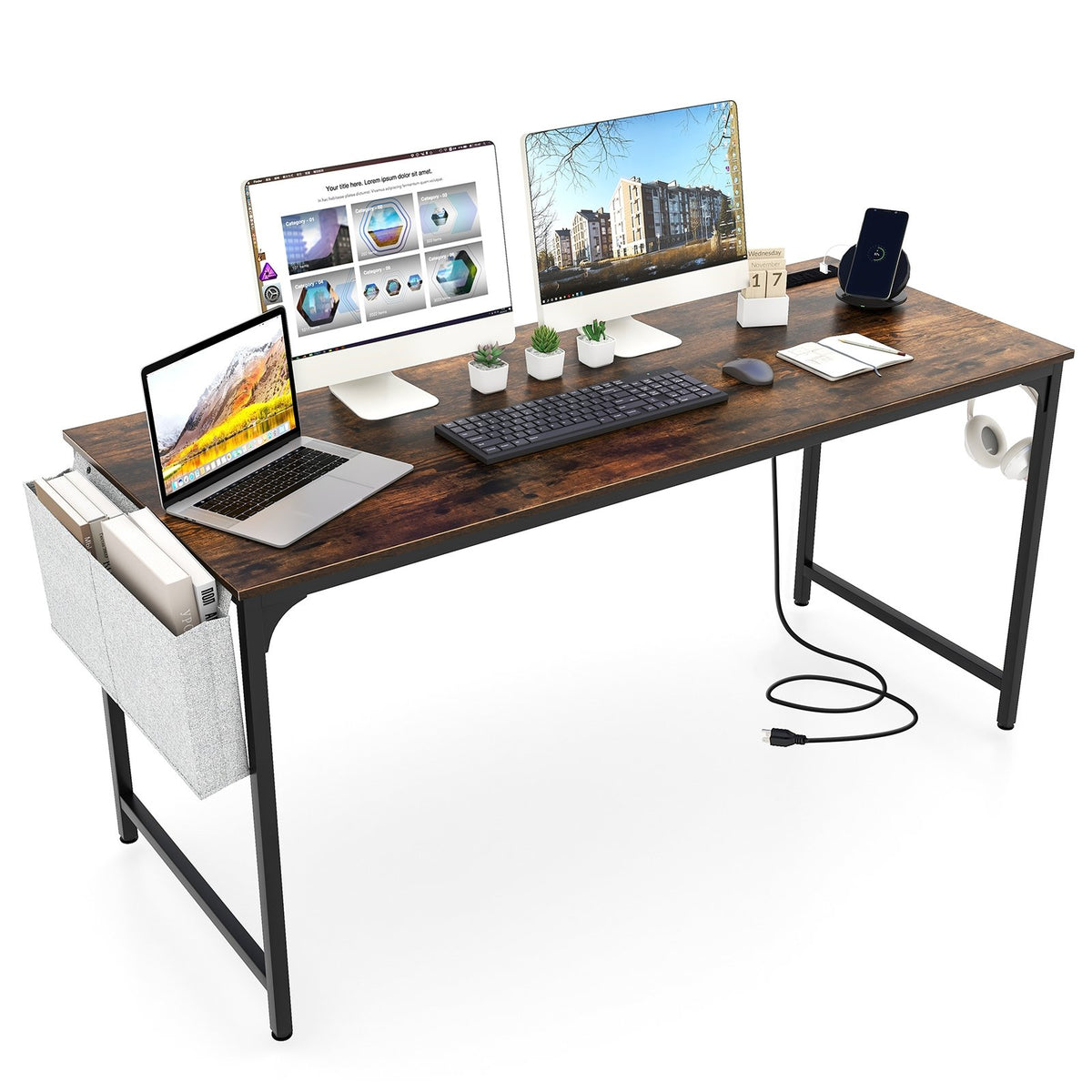 60 Inch Computer Desk with Charging Station Storage Bag-Rustic Brown view 4