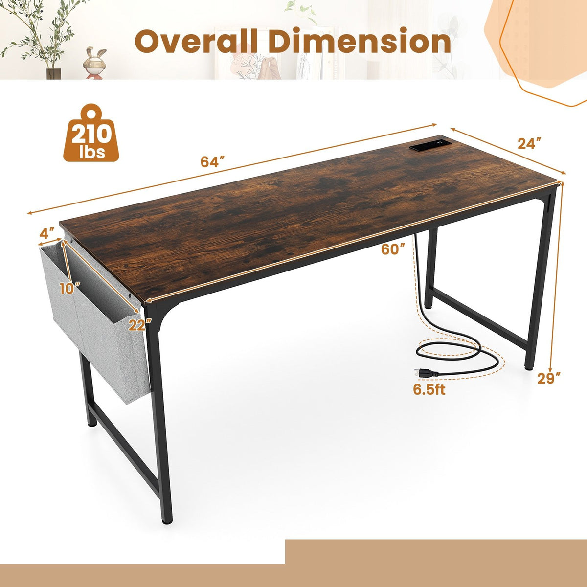 60 Inch Computer Desk with Charging Station Storage Bag-Rustic Brown view 5