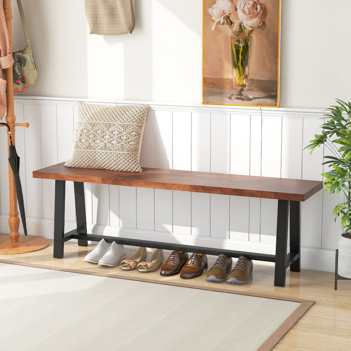 60 Inch Dining Bench 3 Person Entryway Shoe Bench with Metal Frame-60 inches view 5