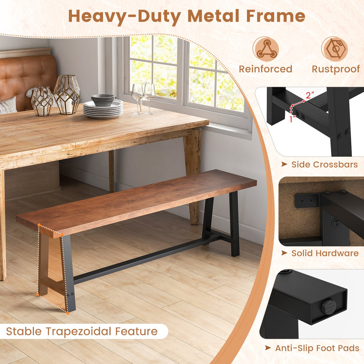 60 Inch Dining Bench 3 Person Entryway Shoe Bench with Metal Frame-60 inches view 7
