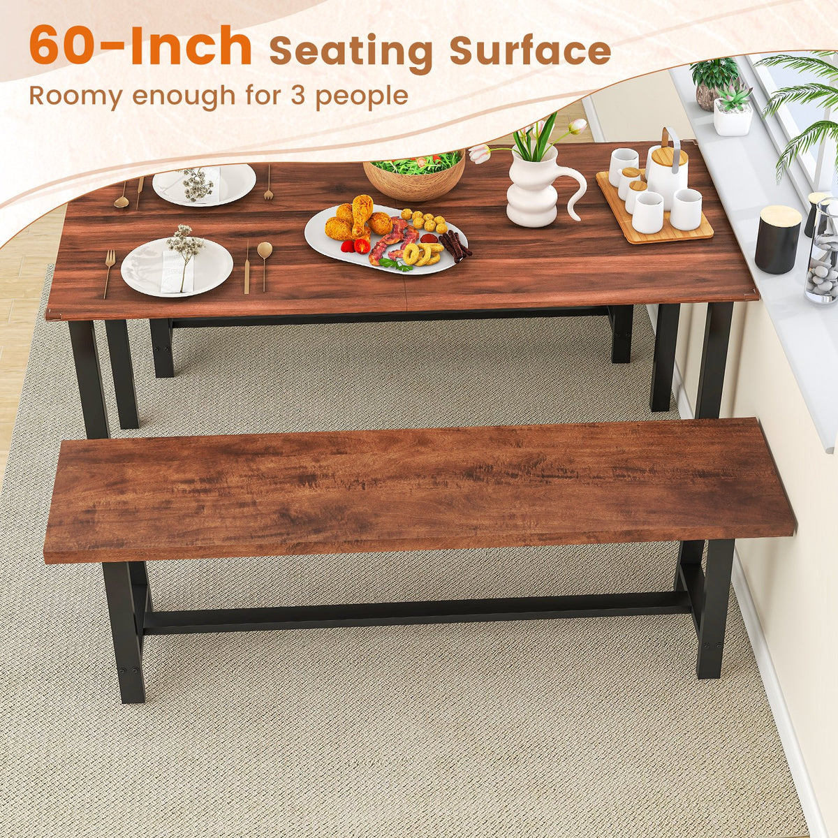 60 Inch Dining Bench 3 Person Entryway Shoe Bench with Metal Frame-60 inches view 8