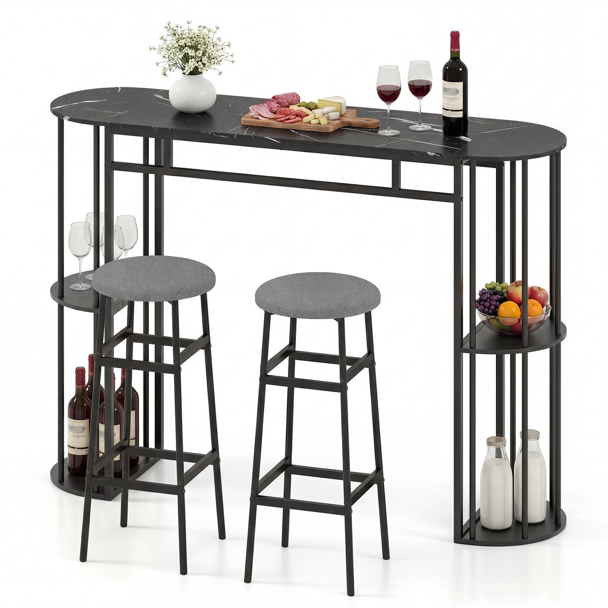 60 Inch Dining Table and 2 Upholstered Barstools with Faux Marble Tabletop-Gray