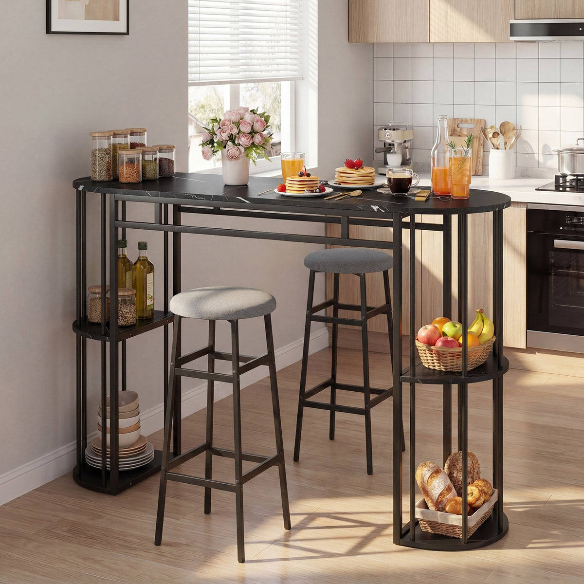 60 Inch Dining Table and 2 Upholstered Barstools with Faux Marble Tabletop-Gray view 2