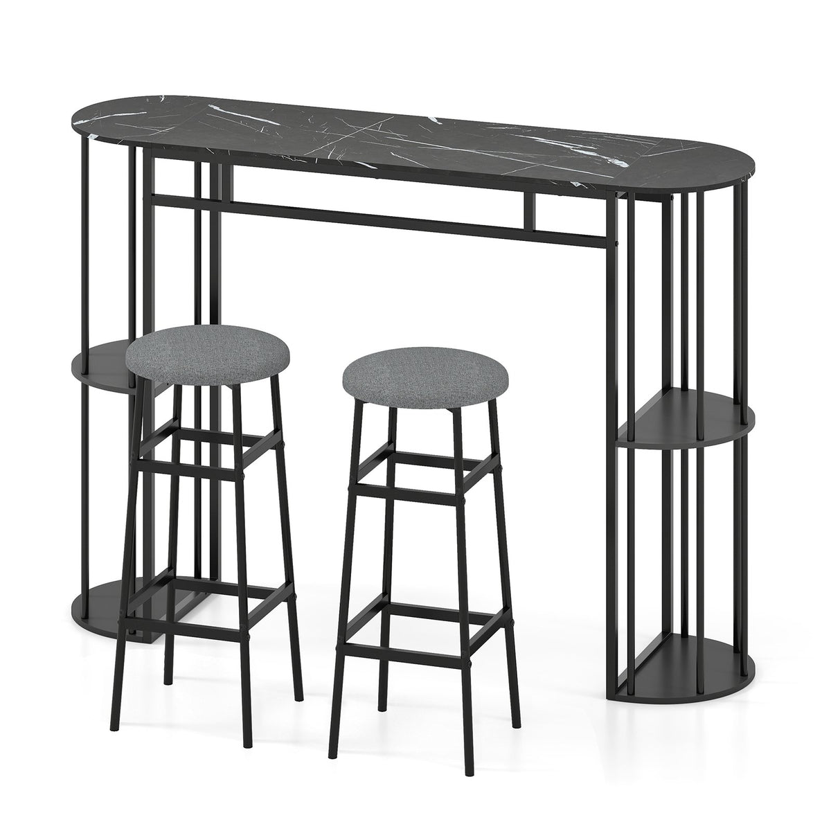 60 Inch Dining Table and 2 Upholstered Barstools with Faux Marble Tabletop-Gray view 4
