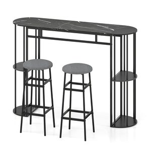 60 Inch Dining Table and 2 Upholstered Barstools with Faux Marble Tabletop-Gray view 4