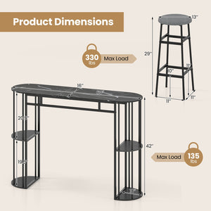 60 Inch Dining Table and 2 Upholstered Barstools with Faux Marble Tabletop-Gray view 5