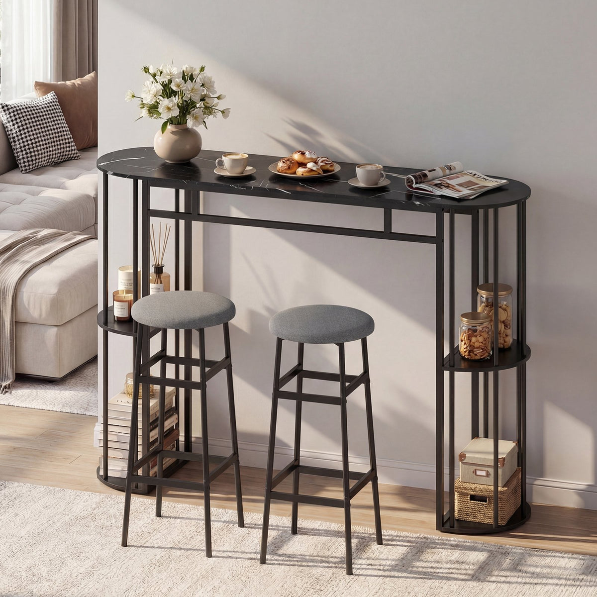60 Inch Dining Table and 2 Upholstered Barstools with Faux Marble Tabletop-Gray view 6