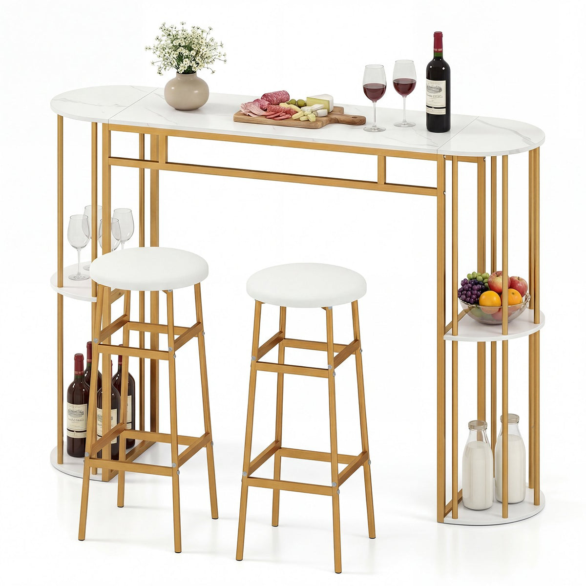 60 Inch Dining Table and 2 Upholstered Barstools with Faux Marble Tabletop-White
