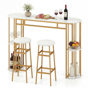 60 Inch Dining Table and 2 Upholstered Barstools with Faux Marble Tabletop-White