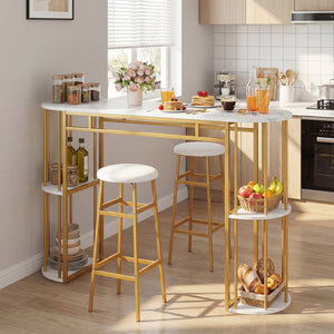 60 Inch Dining Table and 2 Upholstered Barstools with Faux Marble Tabletop-White view 2