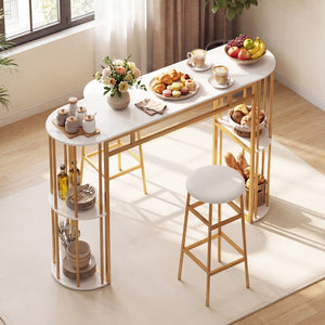 60 Inch Dining Table and 2 Upholstered Barstools with Faux Marble Tabletop-White view 3