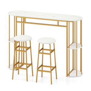 60 Inch Dining Table and 2 Upholstered Barstools with Faux Marble Tabletop-White view 4