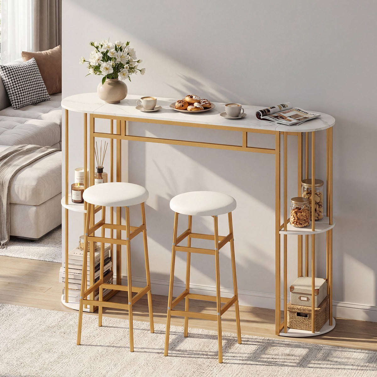 60 Inch Dining Table and 2 Upholstered Barstools with Faux Marble Tabletop-White view 6