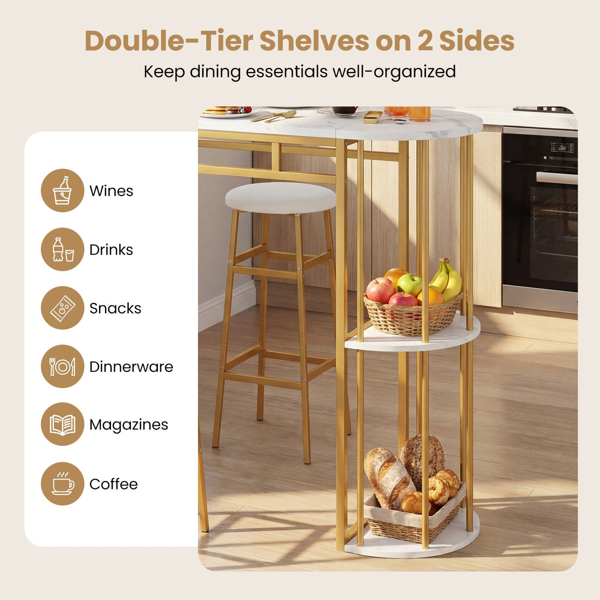 60 Inch Dining Table and 2 Upholstered Barstools with Faux Marble Tabletop-White view 8